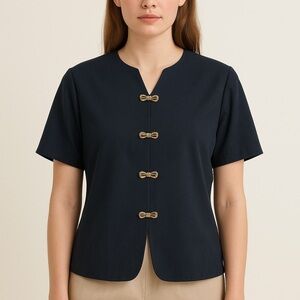 Heury Lee Black Vintage Short Sleeve Blouse Bow Button Size 12 NWT